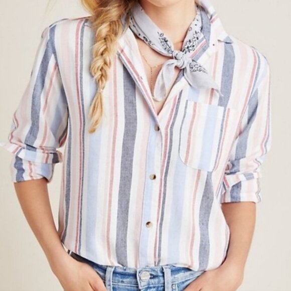 Anthropologie Maeve Multicolor Striped Linen Blend Button Down Shirt Size XS - Picture 1 of 10